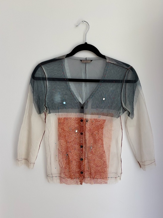 Rozae Nichols Tops - Vintage Rozae Nichols 90s sheer net mesh button up blouse with beaded details